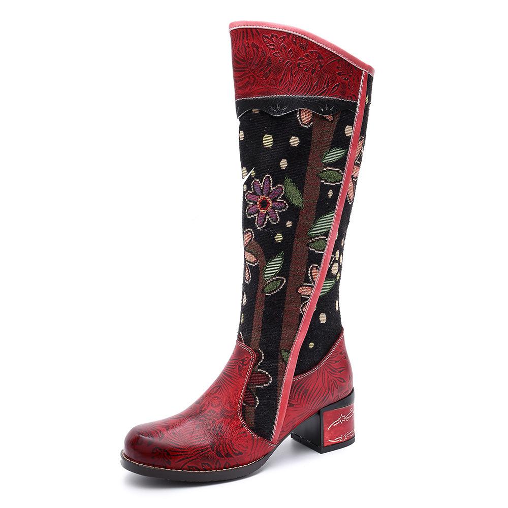 Red Floral Cowhide & Embroidery Knee High Boots - 36