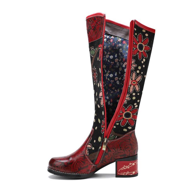 Red Floral Cowhide & Embroidery Knee High Boots