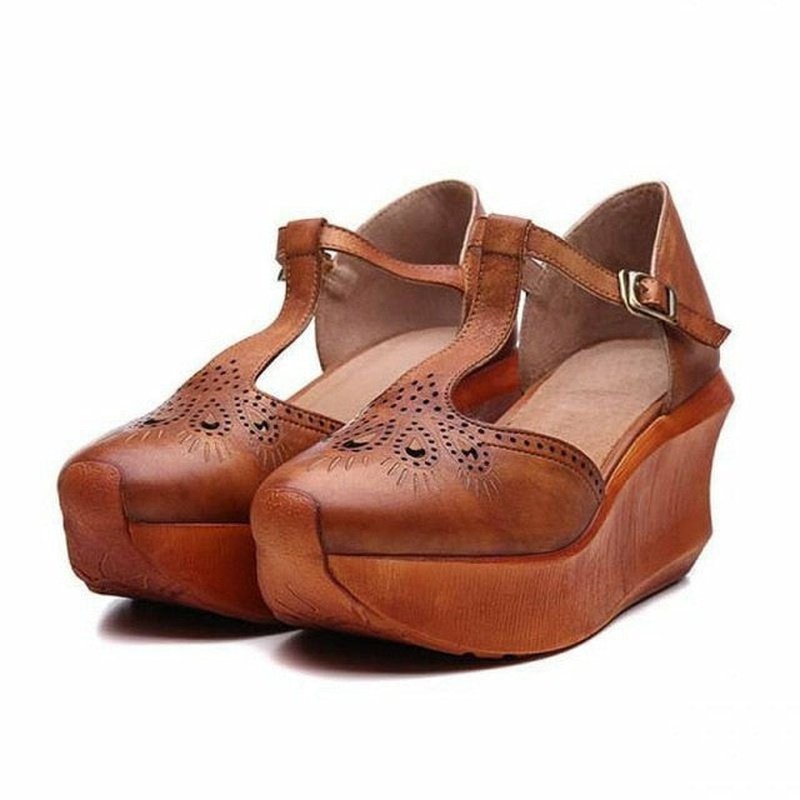 Retro 70s Handmade Tanned Leather T-Strap Platforms - Ideal Place Market