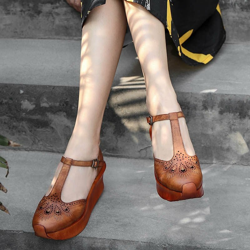 Retro 70s Handmade Tanned Leather T-Strap Platforms - Ideal Place Market