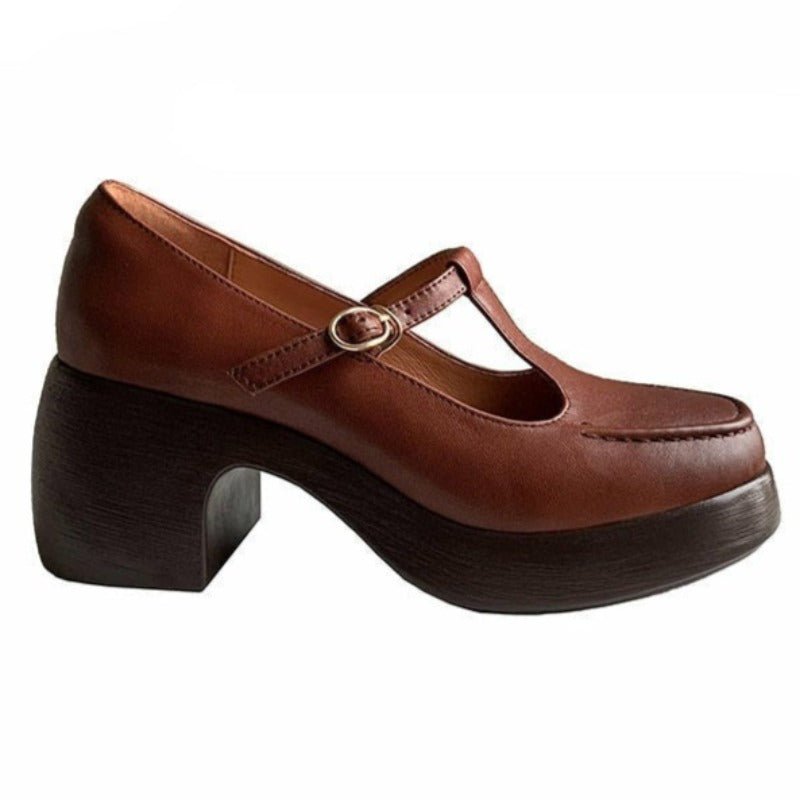 Retro Wavy Wedge Luxurious Tanned Cowhide Mary Janes - Ideal Place Market