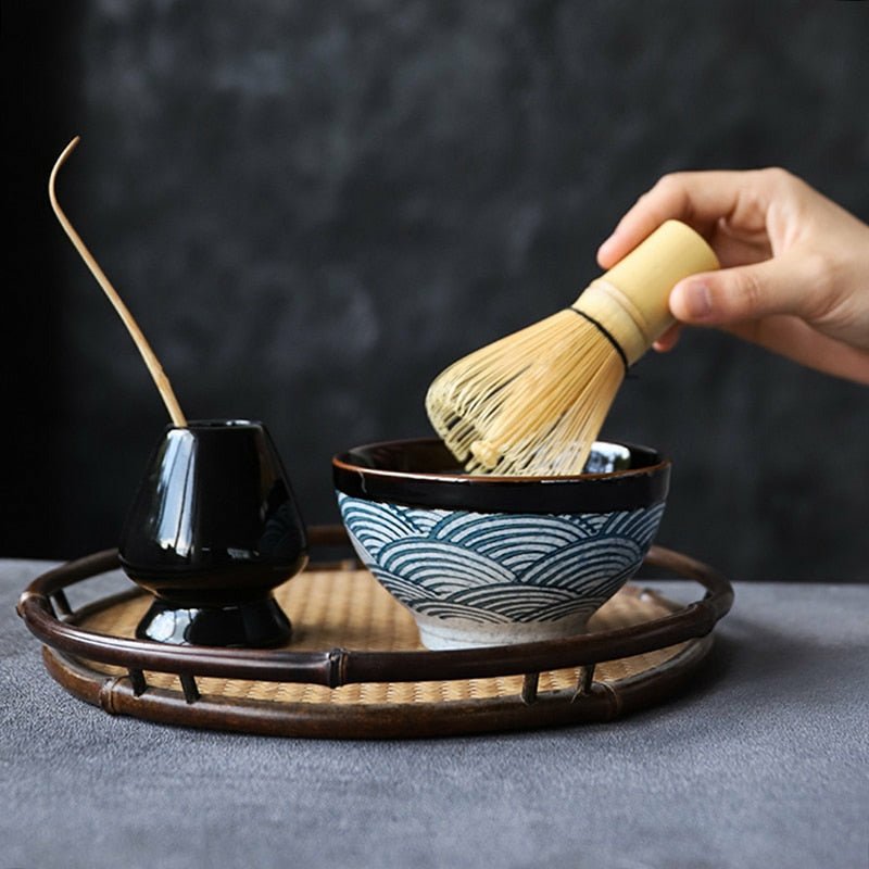 Rich Black/Brown & Blue Fanned Ceramic Matcha Set with Natural Bamboo Whisk - Ideal Place Market
