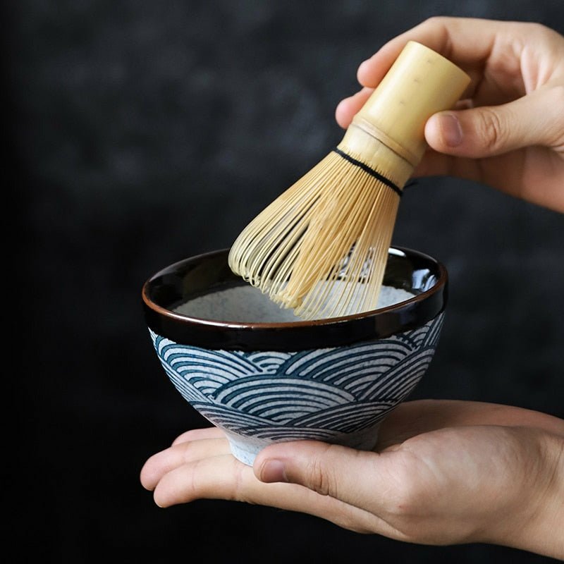 Rich Black/Brown & Blue Fanned Ceramic Matcha Set with Natural Bamboo Whisk - Ideal Place Market