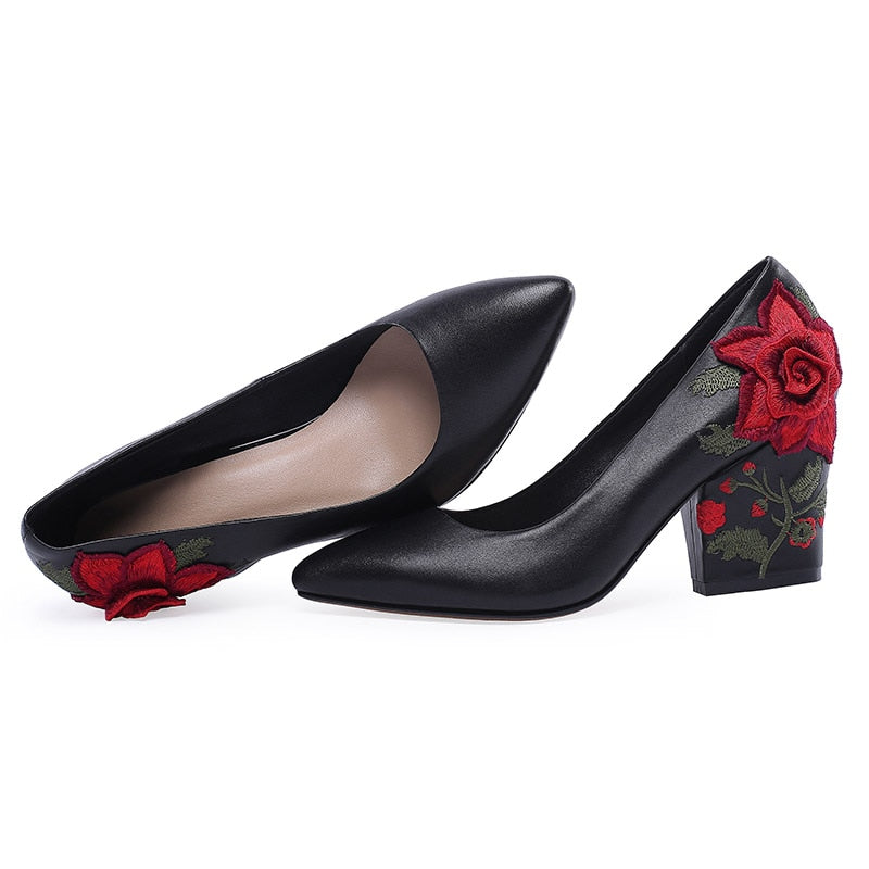 Rose Floral Embroidered Chunky Heel Genuine Leather Pumps - 