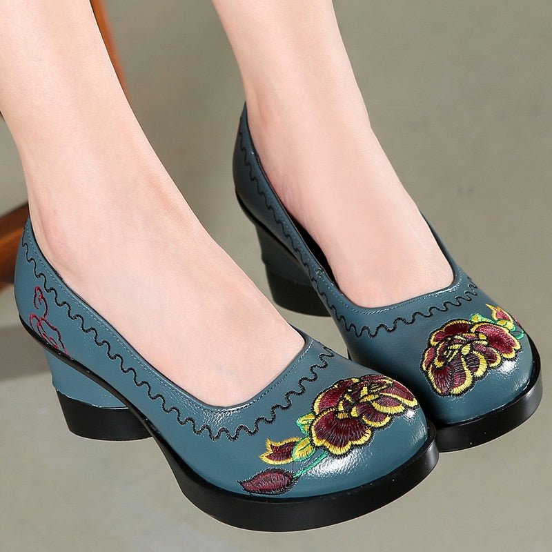 Round-Toe Floral Embroidered Low Platform Pumps - Ideal Place Market