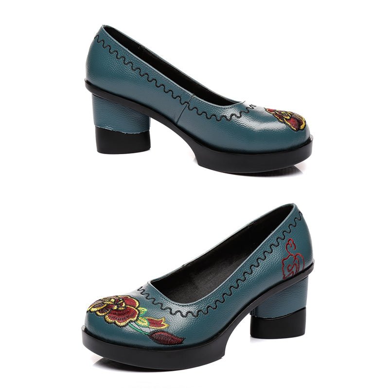 Round-Toe Floral Embroidered Low Platform Pumps - Ideal Place Market