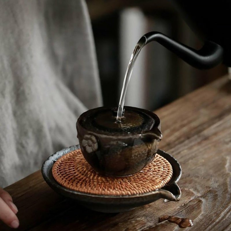 Rustic Handmade Circular Ceramic Teapot Tray with Rattan Mat - Ideal Place Market