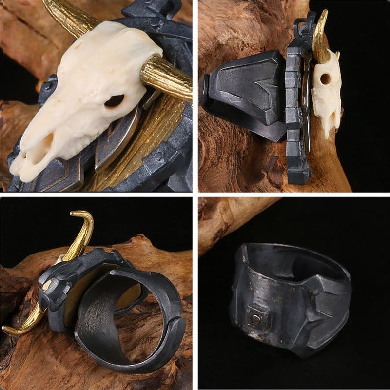 Rustic Steer Skull S925 Adjustable Ring for Men - Ideal Place Market