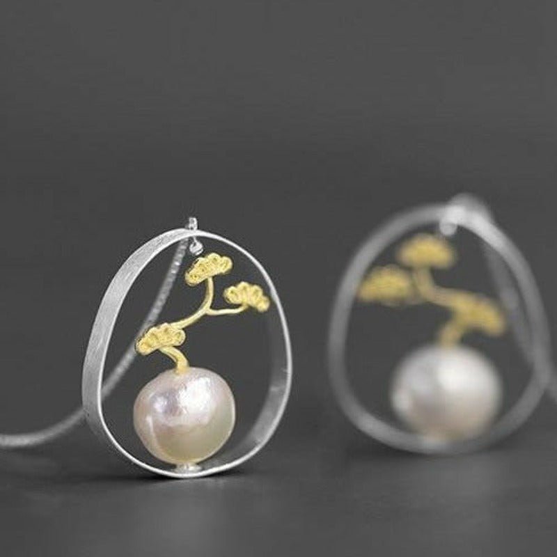 Sacred Tree and Freshwater Pearl in Chain Drop Earrings - Ideal Place Market