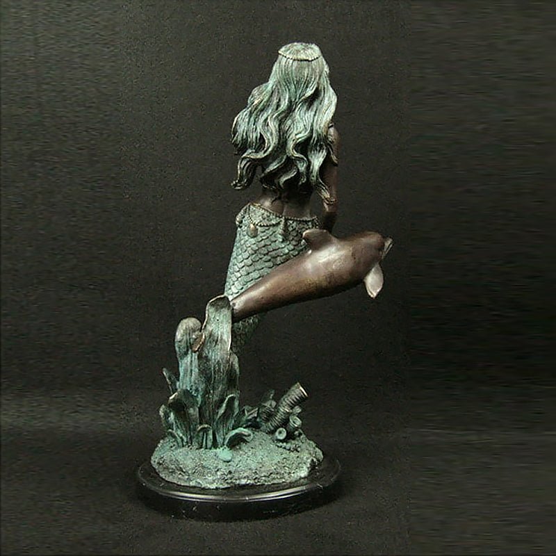 Sea Inspired Bronze 'Mermaid & Dolphin' Sculpture with Marble Base - Ideal Place Market