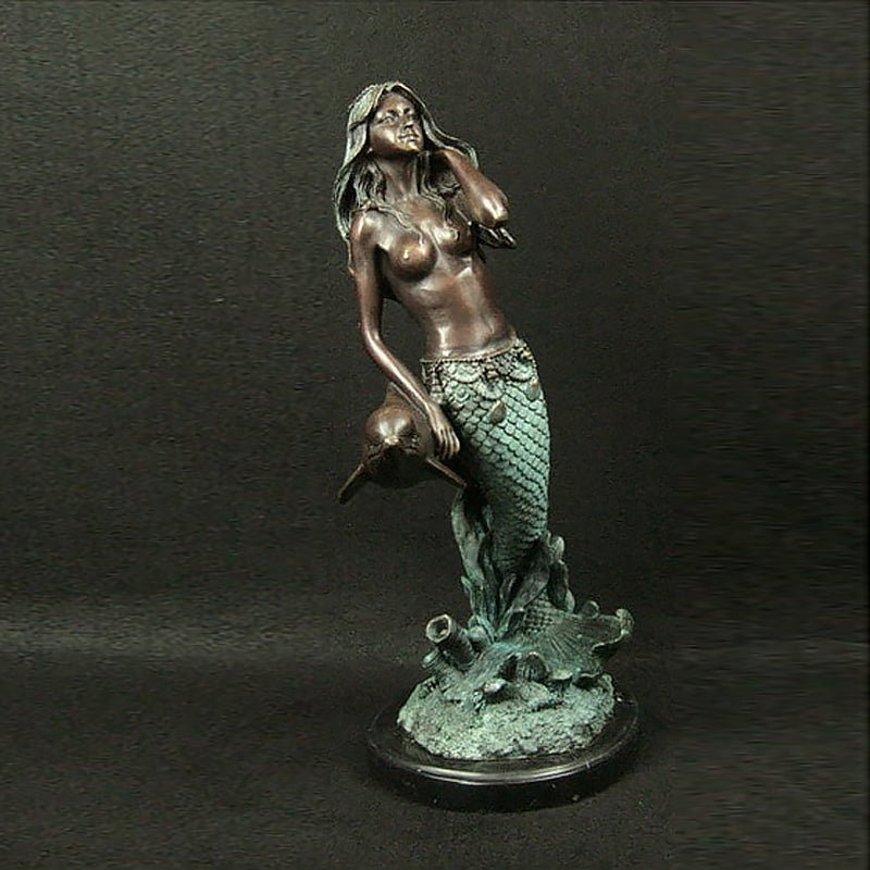 Sea Inspired Bronze 'Mermaid & Dolphin' Sculpture with Marble Base - Ideal Place Market
