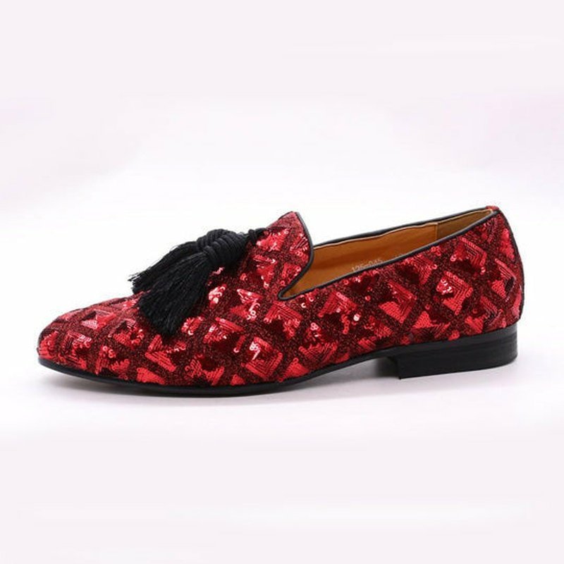 Sheepskin Lined Sequined Slip-On Dress Loafers with Black Tassels - Ideal Place Market