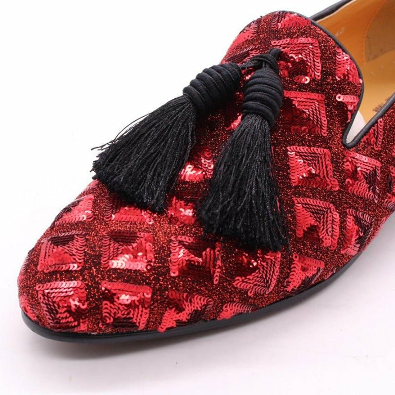 Sheepskin Lined Sequined Slip-On Dress Loafers with Black Tassels - Ideal Place Market