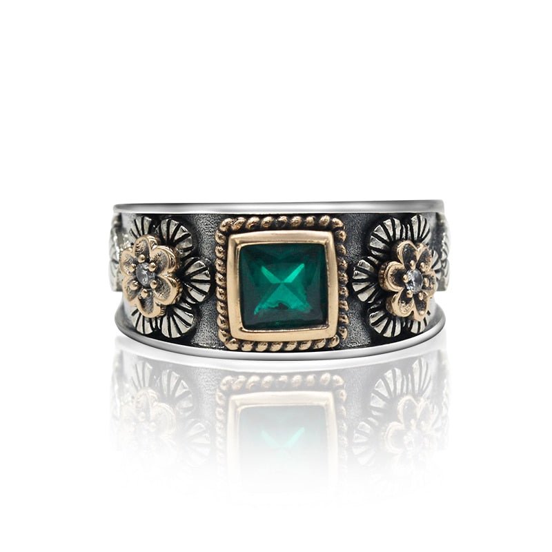 Silver & Gold Flowered Ring with Shamrock Green Stone - Ideal Place Market