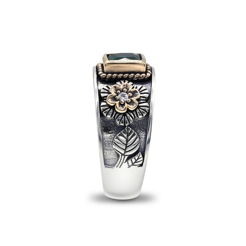 Silver & Gold Flowered Ring with Shamrock Green Stone - Ideal Place Market