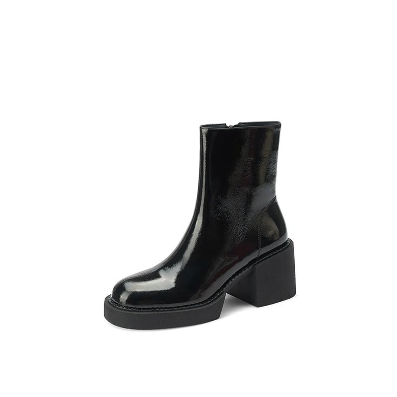 Smooth Patent Leather Chunky Heel Booties with Choice of Lining - Ideal Place Market