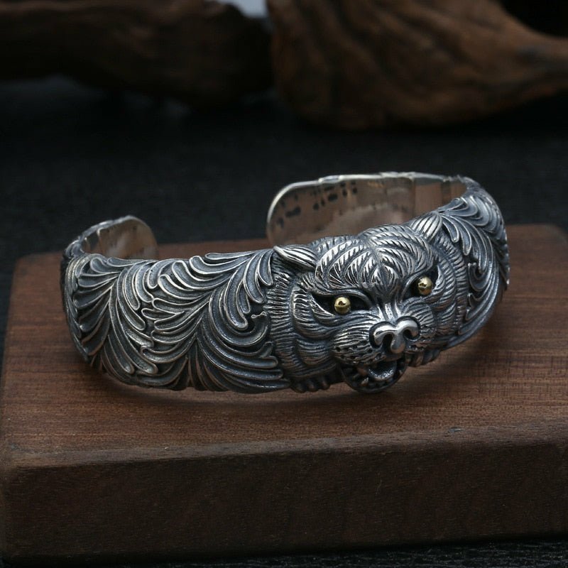 Solid Silver Crouching Tiger Cuff Bracelet - Ideal Place Market