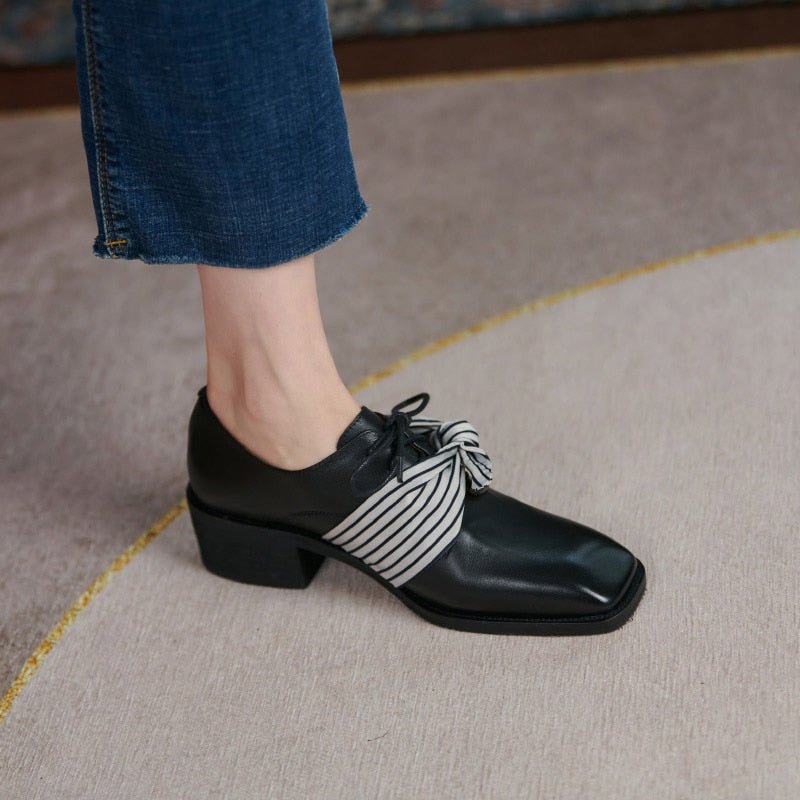 Square Heel Lace-Up Genuine Leather Mules with Removable Striped Shoe Scarf - Ideal Place Market