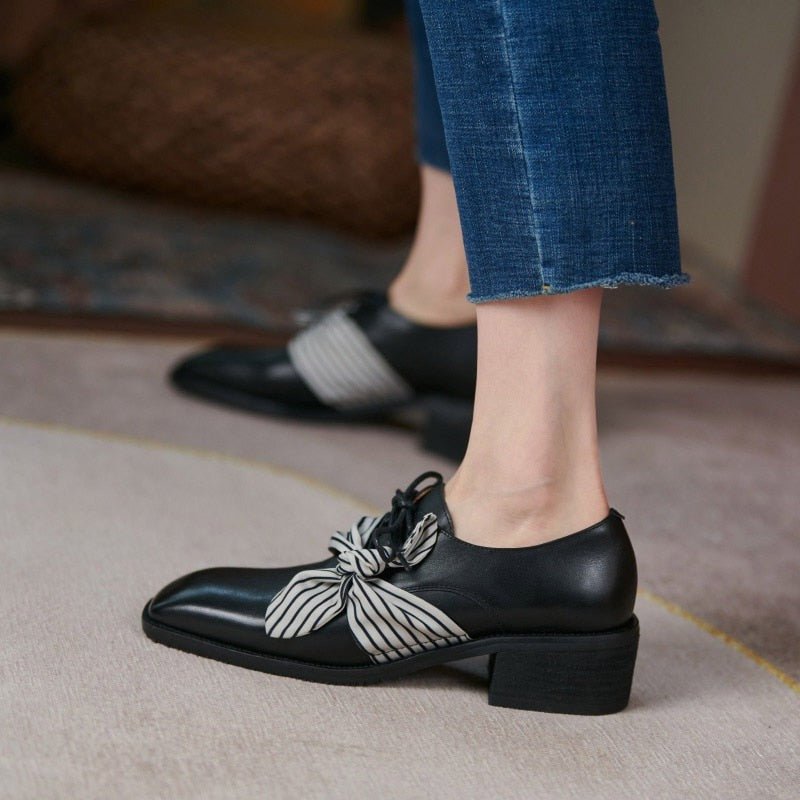Square Heel Lace-Up Genuine Leather Mules with Removable Striped Shoe Scarf - Ideal Place Market