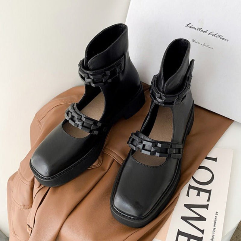 Square-Toe Black Cowhide Leather & Chunky Link Booties - Ideal Place Market