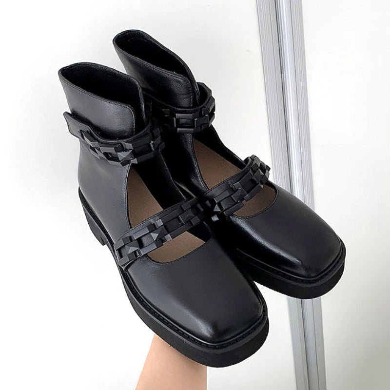Square-Toe Black Cowhide Leather & Chunky Link Booties - Ideal Place Market