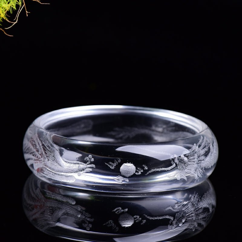 Stunning White Quartz Bangle with Etched Dragon & Phoenix 54-63mm - Ideal Place Market