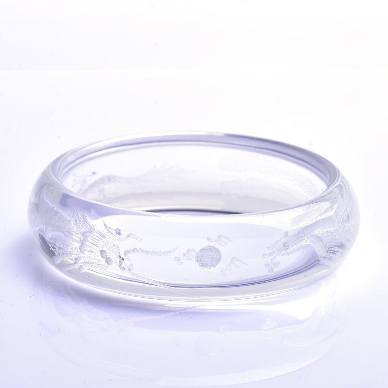 Stunning White Quartz Bangle with Etched Dragon & Phoenix 54-63mm - Ideal Place Market