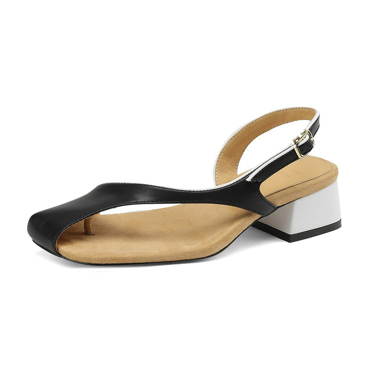 Tanned Cowhide Modern Minimalist Square Heel Sandals - Black