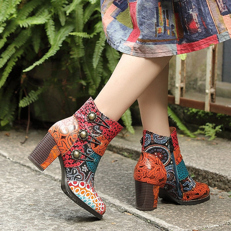Tanned Cowhide Patchwork Round Toe Ankle Boots