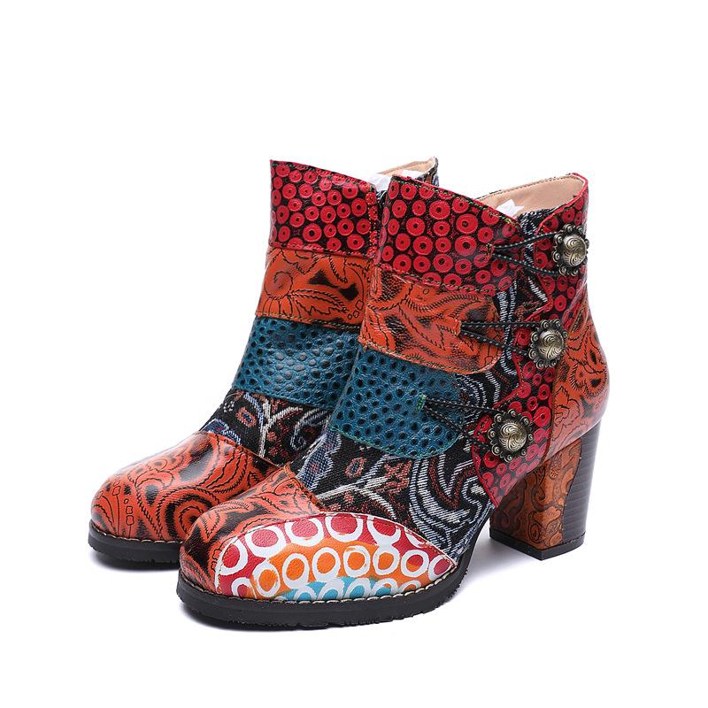 Tanned Cowhide Patchwork Round Toe Ankle Boots - 5