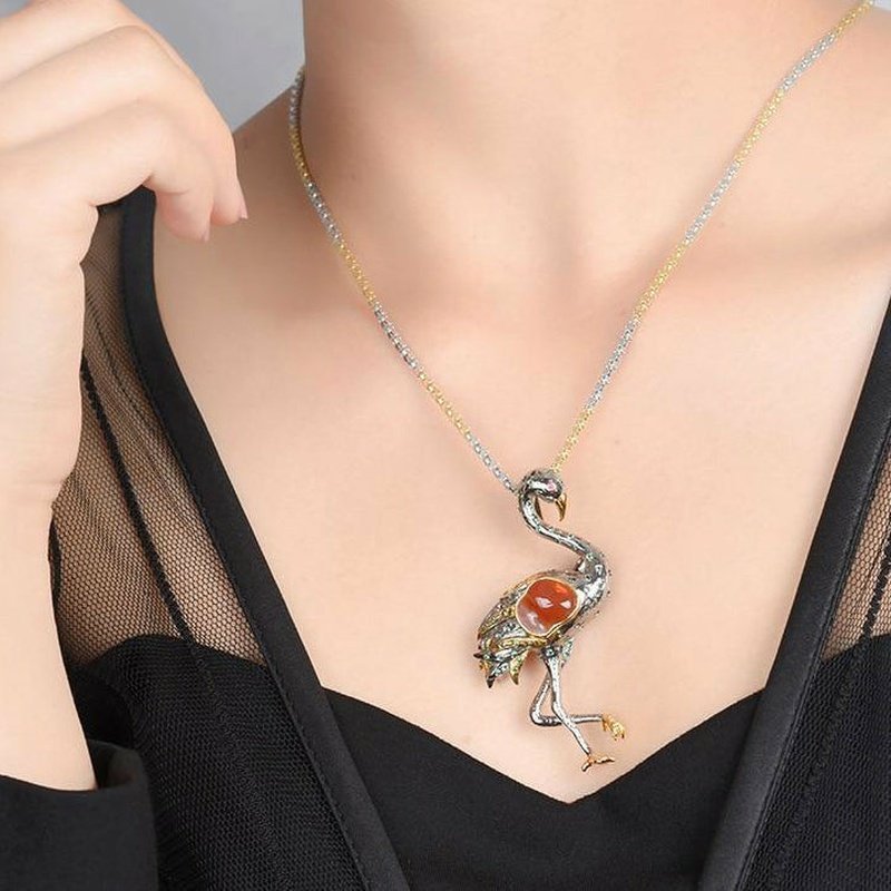 Thai Silver & Fire Opal Hearted Flamingo Necklace Pendant/Brooch - Ideal Place Market