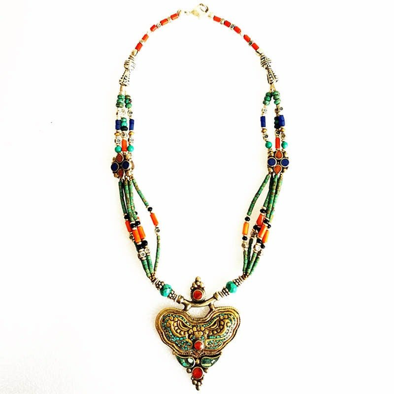 Tibetan Hand Hammered Brass, Turquoise & Coral Heart Necklace - Ideal Place Market