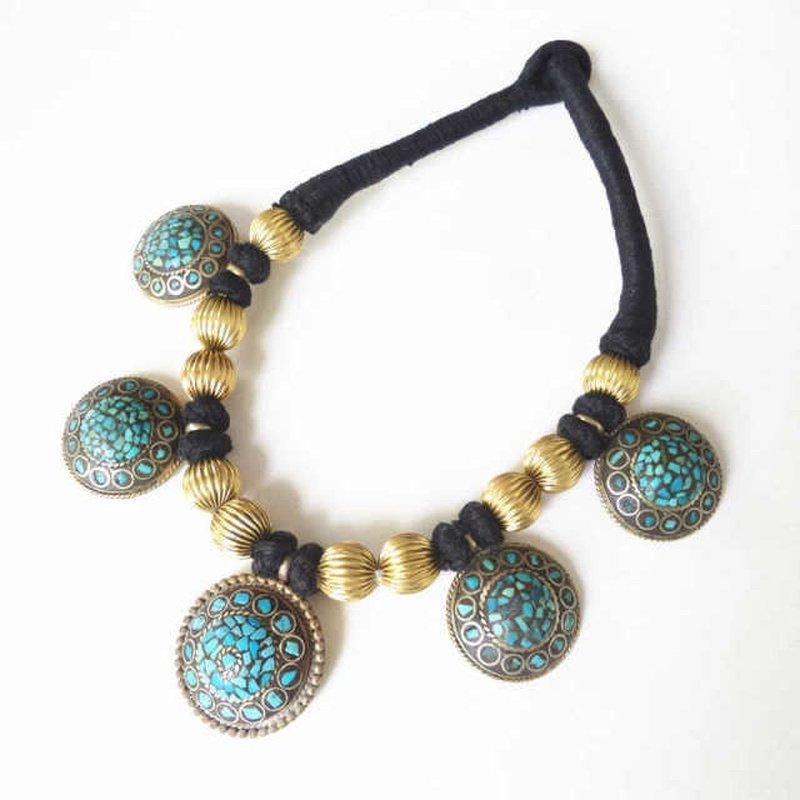 Tibetan Handmade Inlaid Brass Ching Stone Necklace - Ideal Place Market