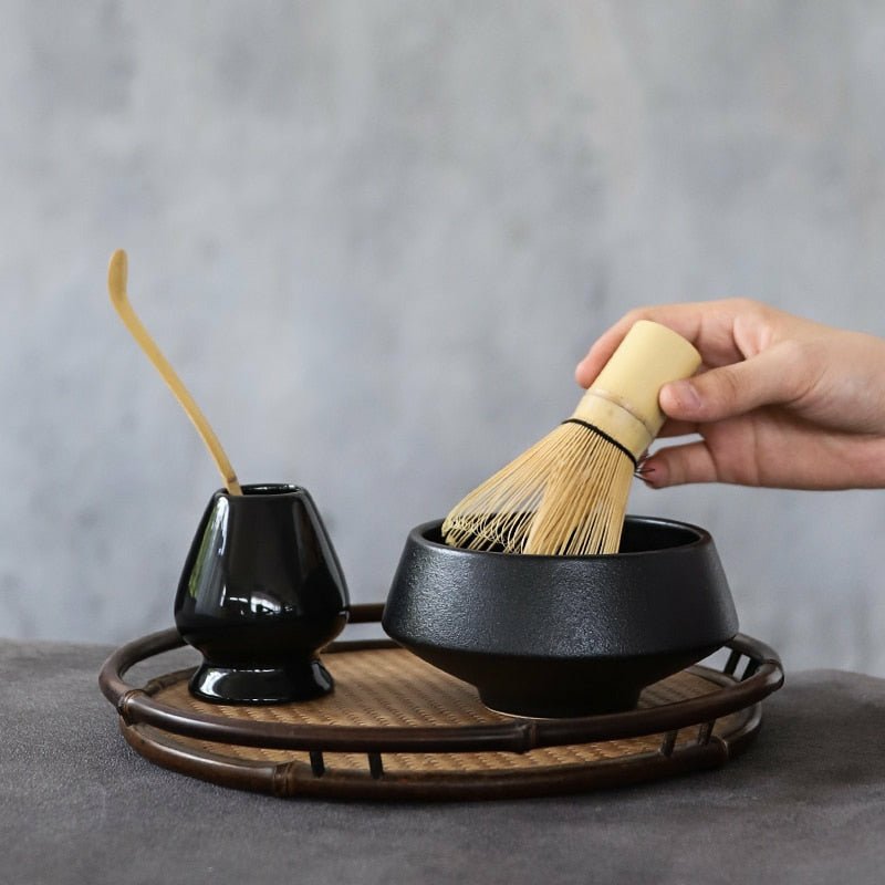 Traditional Black Ceramic Matcha Set with Bamboo Whisk - Ideal Place Market