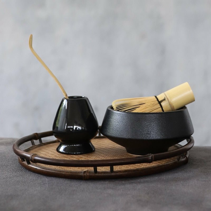 Traditional Black Ceramic Matcha Set with Bamboo Whisk - Ideal Place Market