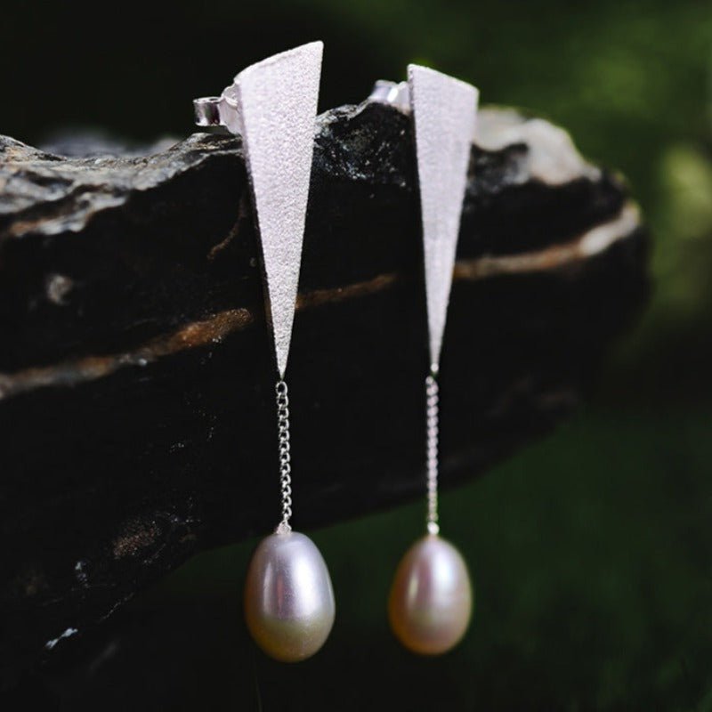Triangular S925 Silver/Gold & Natural Pearl Dangle Earrings - Ideal Place Market