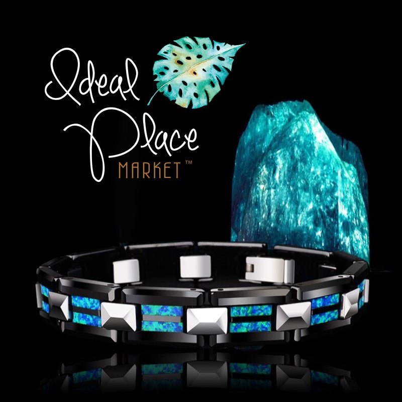 Tungsten Bracelet with Inlayed Opal & Black Ceramic - Ideal Place Market