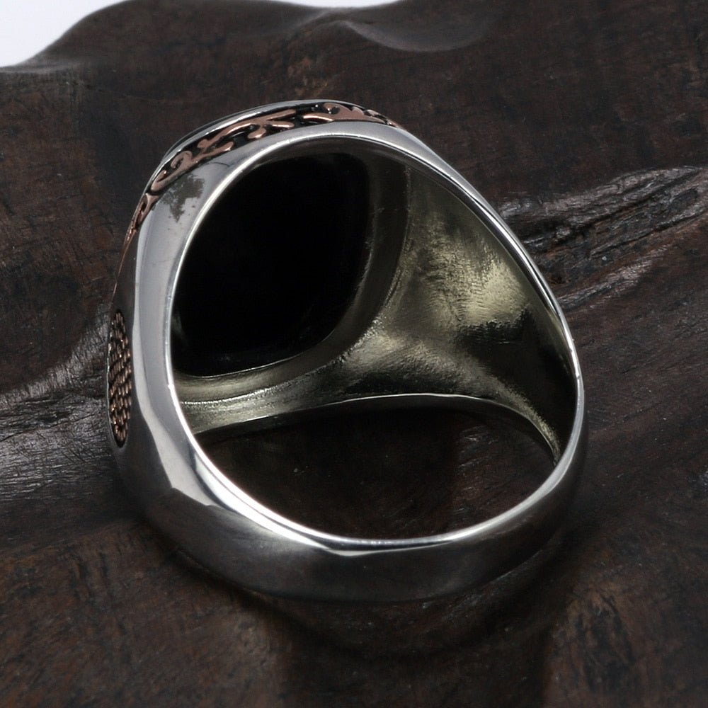Turkish Carved S925 Silver Ring with Natural Black Onyx - Ideal Place Market