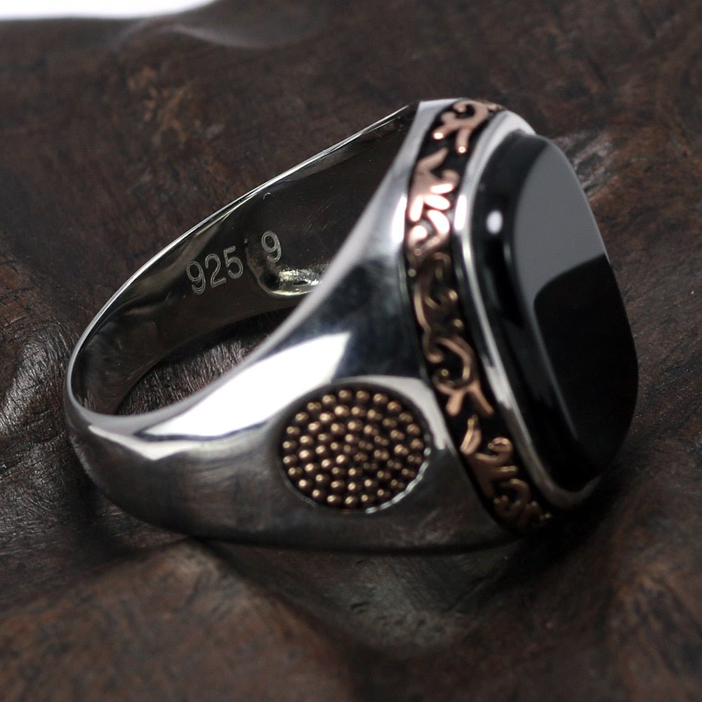 Turkish Carved S925 Silver Ring with Natural Black Onyx - Ideal Place Market