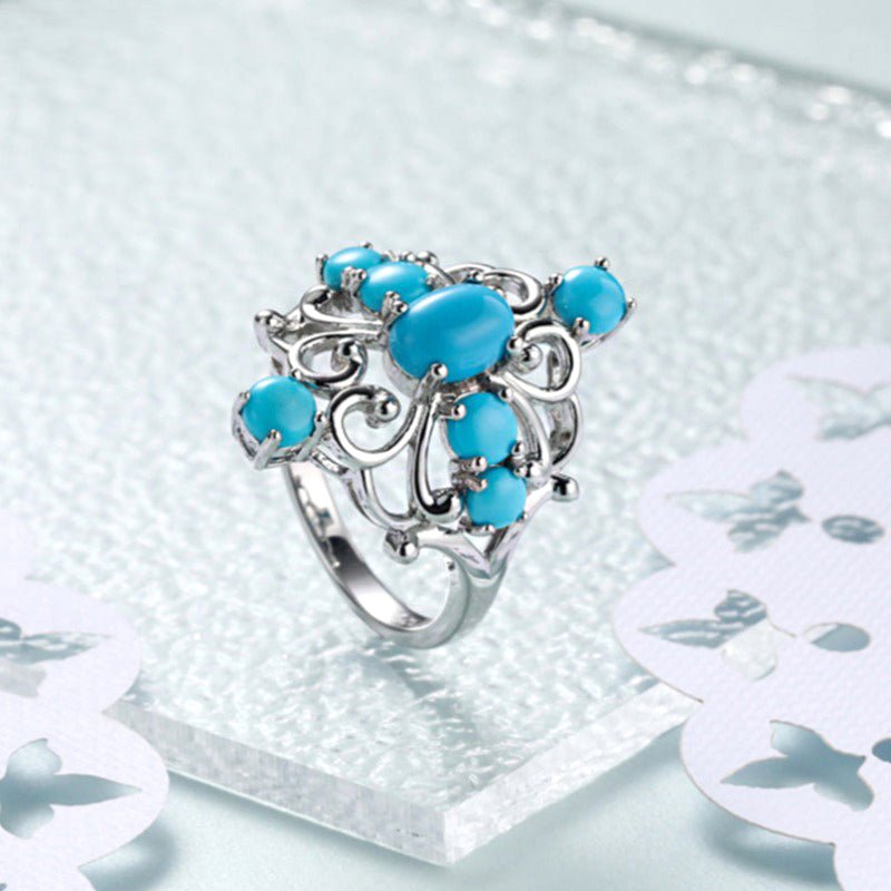 Turquoise Stones & Ornate S925 Silver Ring for Women - Ideal Place Market