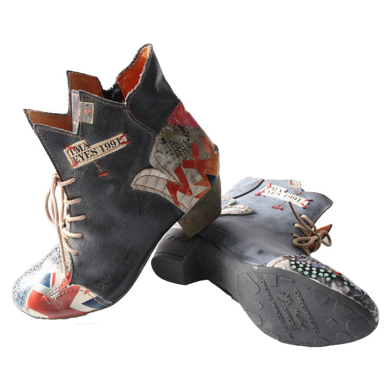 Union Jack Tanned Cowhide Leather Ankle Boots