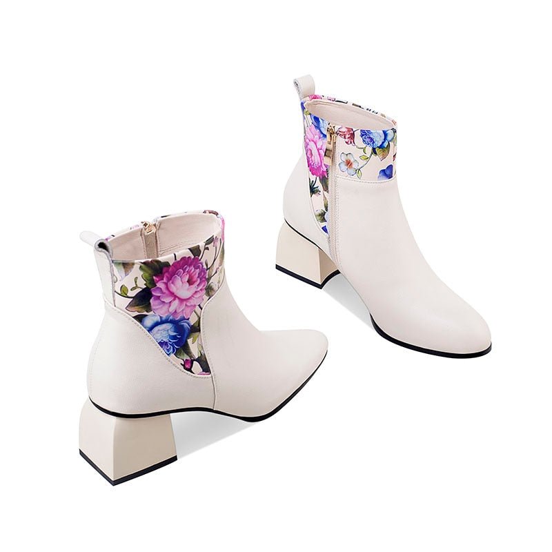 Vibrant & Elegant Floral Embossed Genuine Cowhide Pull-On Round Toe Ankle Boots - Ideal Place Market
