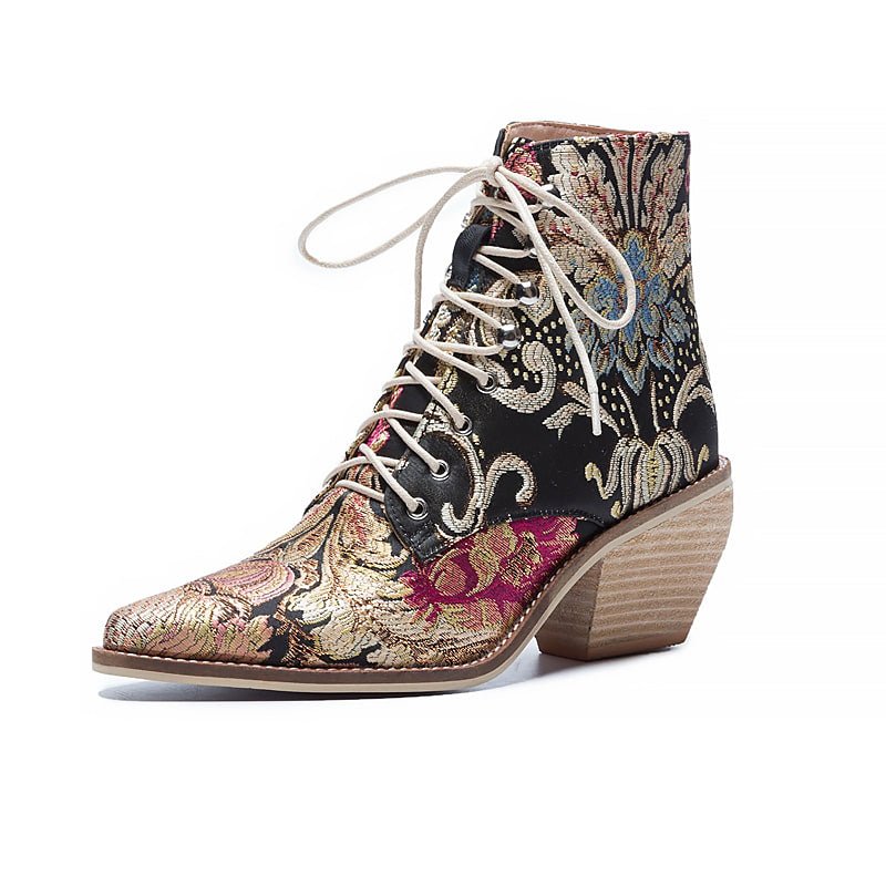 Victorian Silk Embroidered Narrow-Toe Granny Boots - Ideal Place Market
