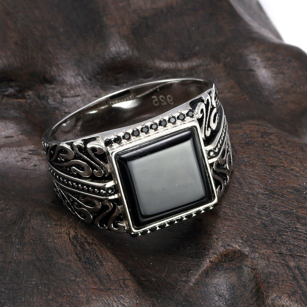 Vintage Detailed Natural Square Agate S925 Ring for Men - 3 Colors - Ideal Place Market