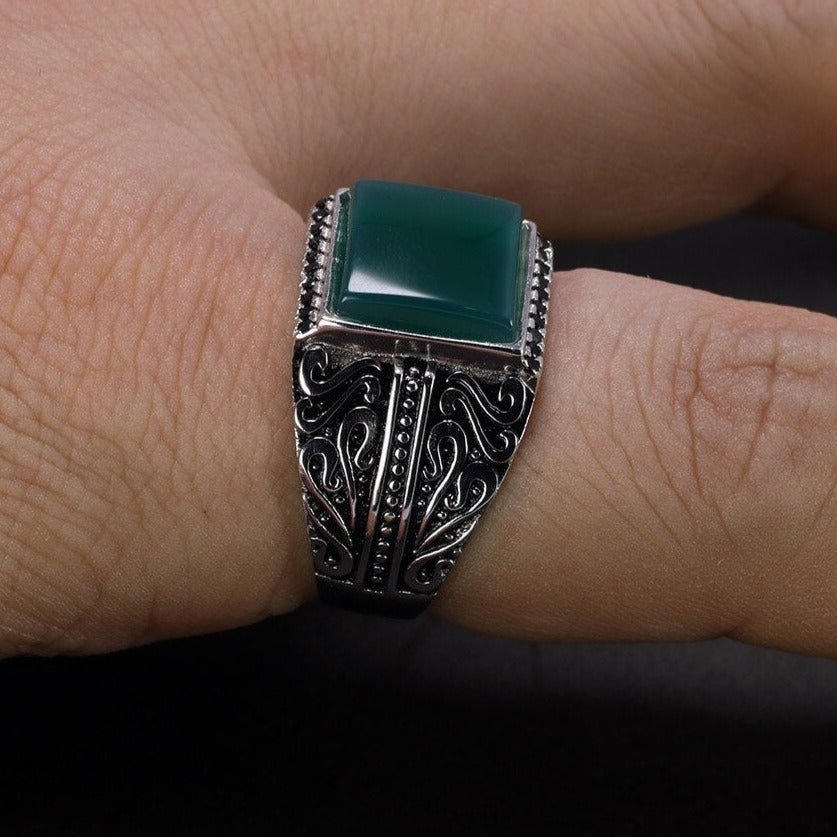 Vintage Detailed Natural Square Agate S925 Ring for Men - 3 Colors - Ideal Place Market