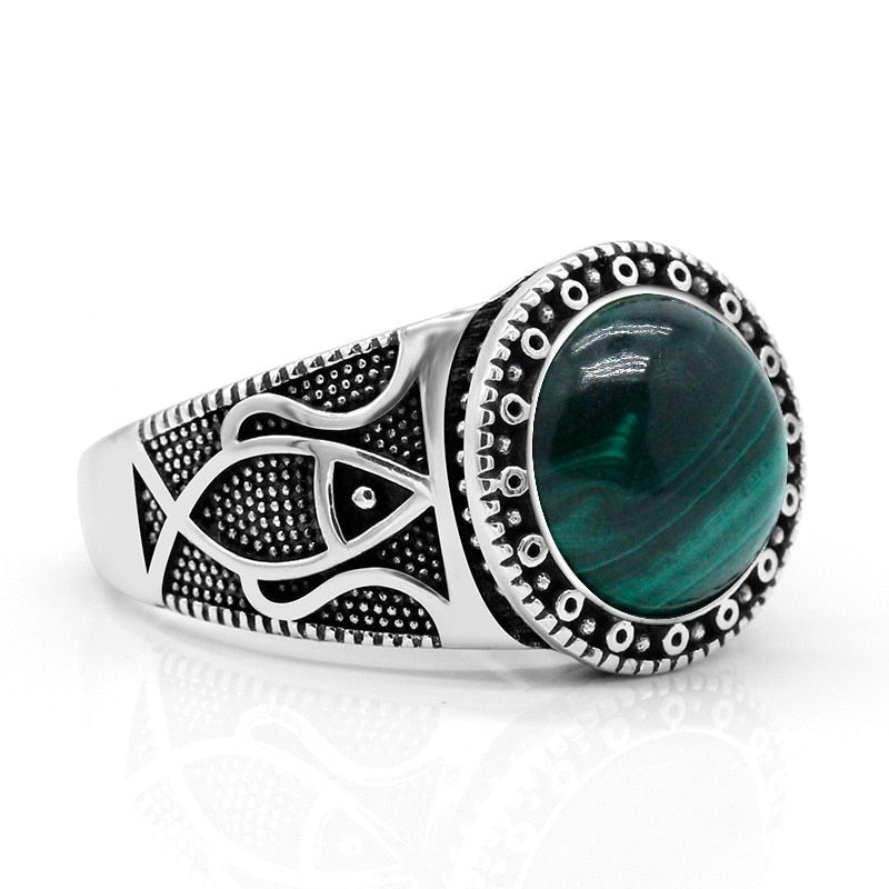 Vintage Fish Totem Silver Ring with Natural Malachite Center Stone - Ideal Place Market