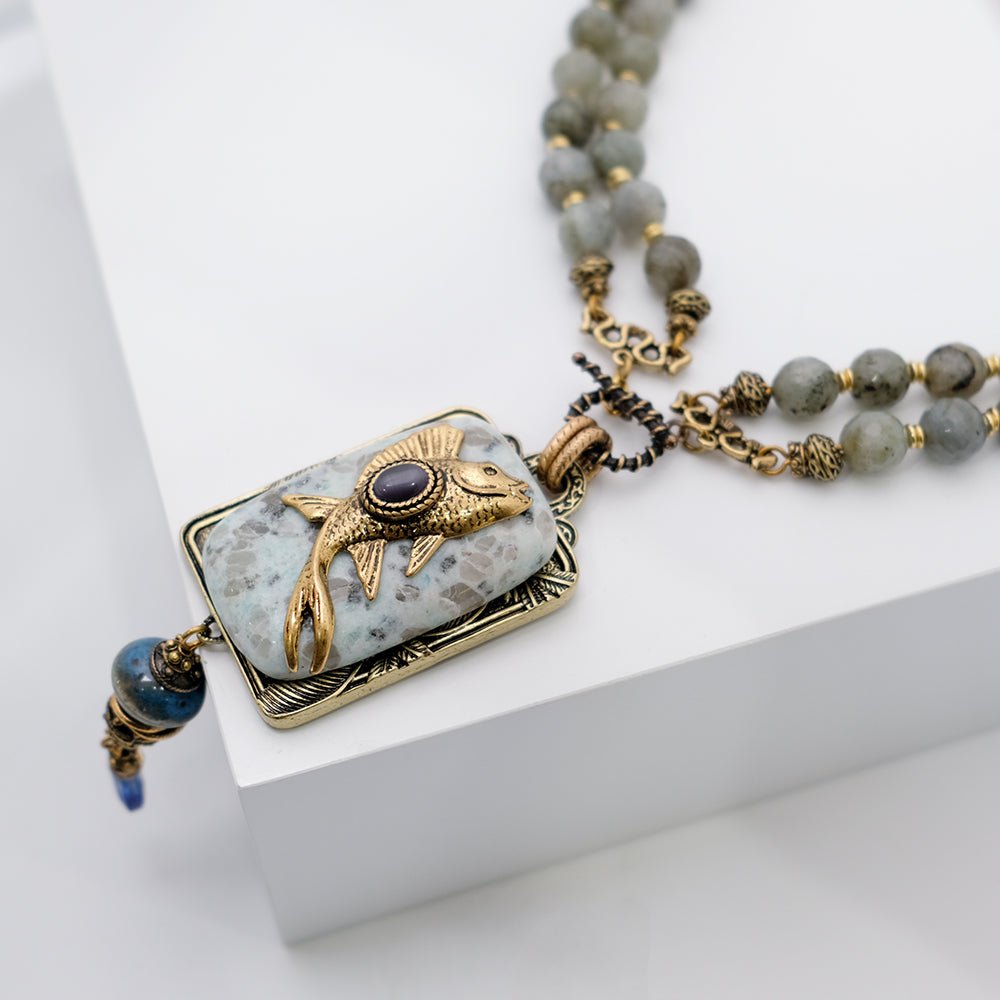 Vintage Tianshan Blue & Cat's Eye Fish Pendant Necklace - Ideal Place Market