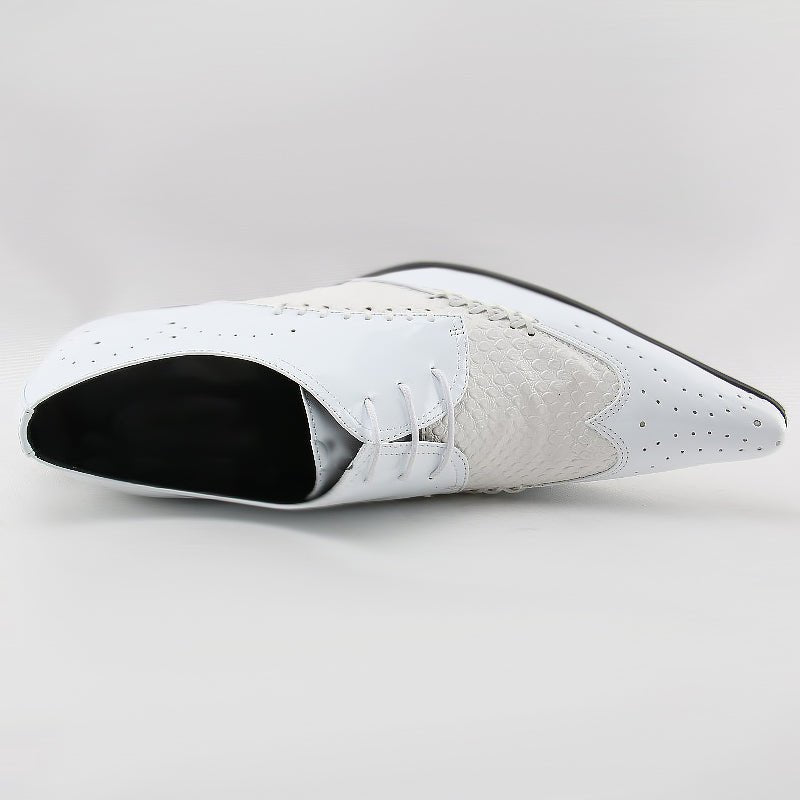 White & Cream Genuine Cowhide Pointed-Toe Brogues for Men - Ideal Place Market
