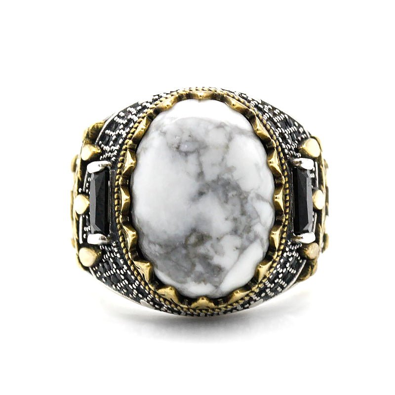 White Turquoise Inlaid S925 Silver & Brass Ring - Ideal Place Market