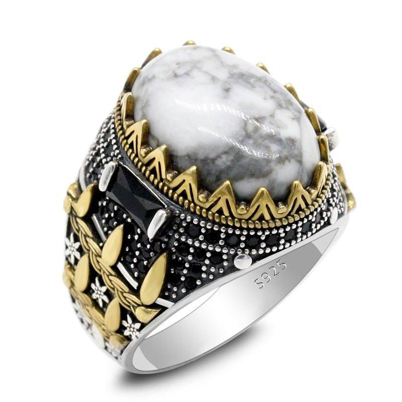 White Turquoise Inlaid S925 Silver & Brass Ring - Ideal Place Market